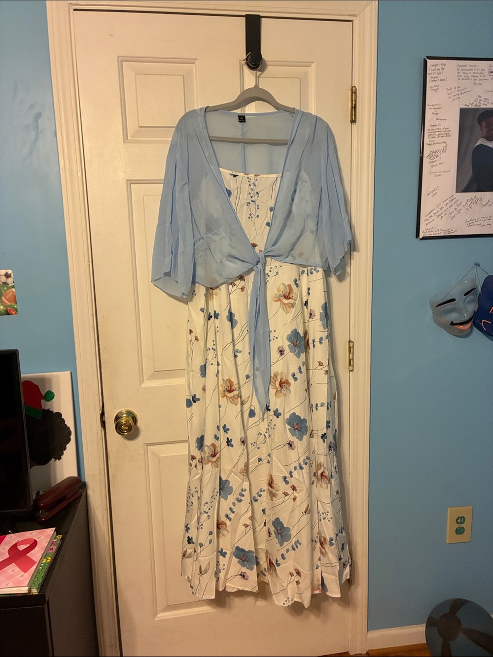 Light Blue Tie-Front Bolero with Floral Maxi Dress
